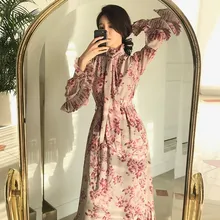 2019 Spring New Women Flower Print Dress Vintage Floral Print Sashes Ruffled Pleated Dress 2019 Spring New Women Flower Print Dress Vintage Floral Print Sashes Ruffled Pleated Dress