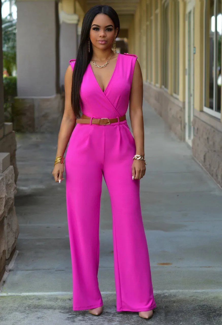 

Summer Women V Neck Sexy Jumpsuit Streetwear Belt Party Rompers Casual Wide Leg Jumpsuit Feminino