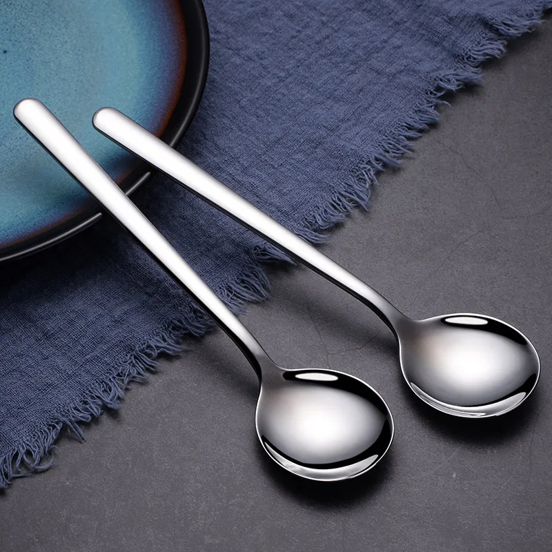 Cute Stainless Steel Round Spoon Korean Solid Long Handle Metal