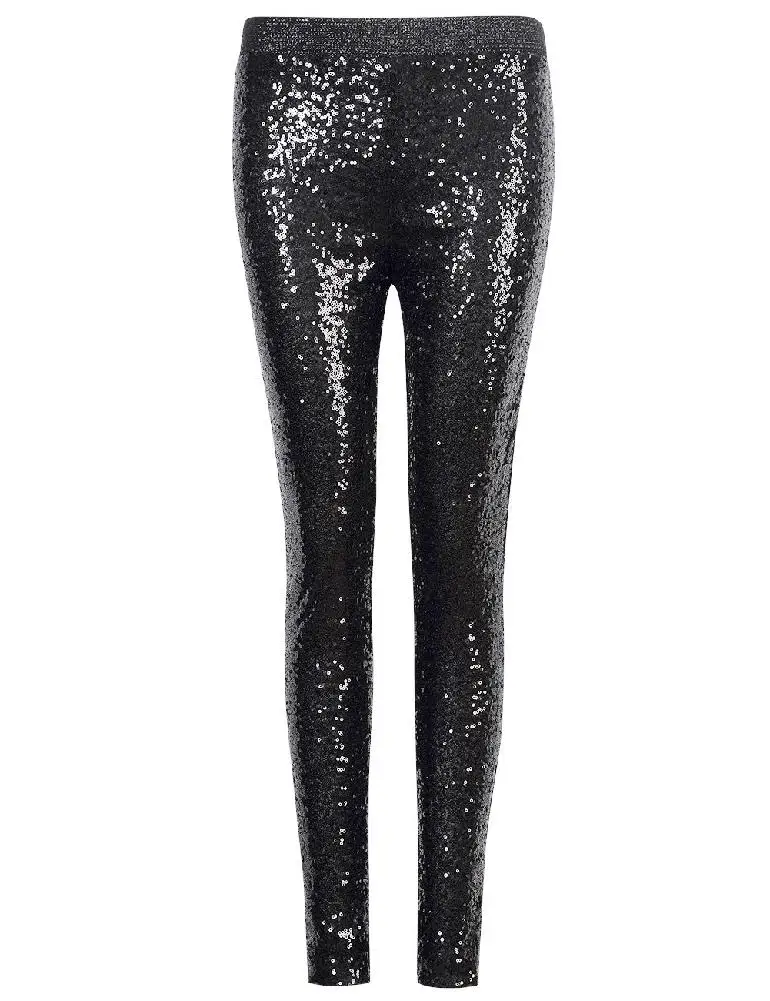 

MISSKY New Women Black Color Shiny Sequin Stretch Skinny Legging Pant Black