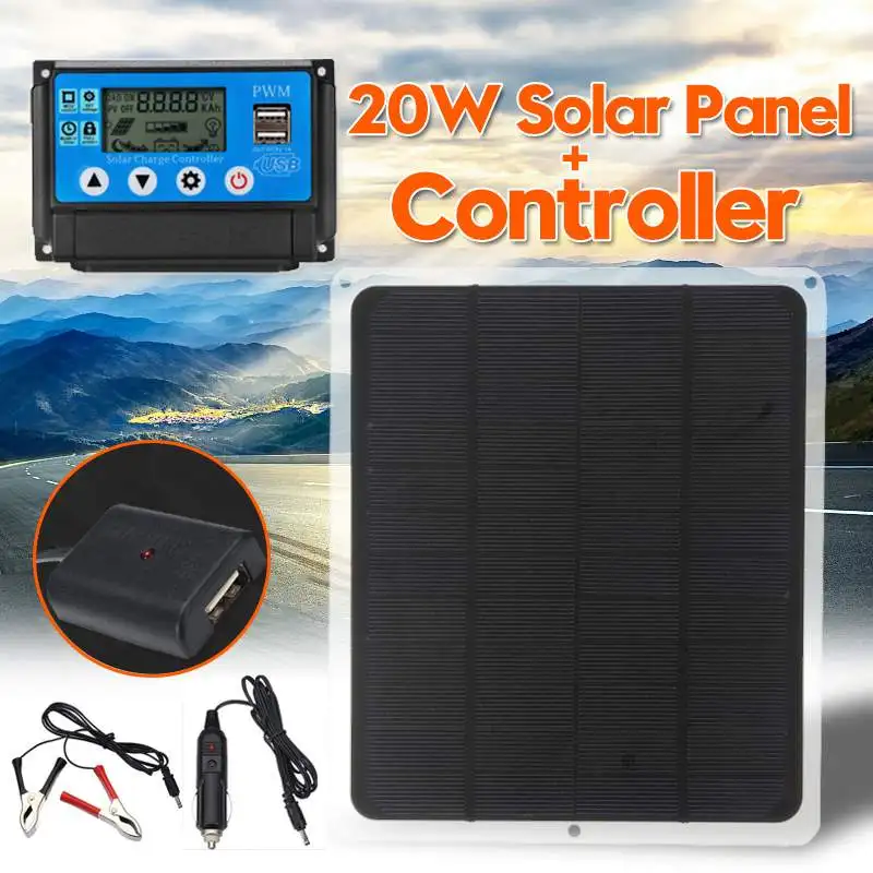 

20W 12V / 5V Dual Output Solar Panel +10/20/30/40/50A USB Solar Charger Controller Kit for Phone Lighting Outdoor Travel Camping