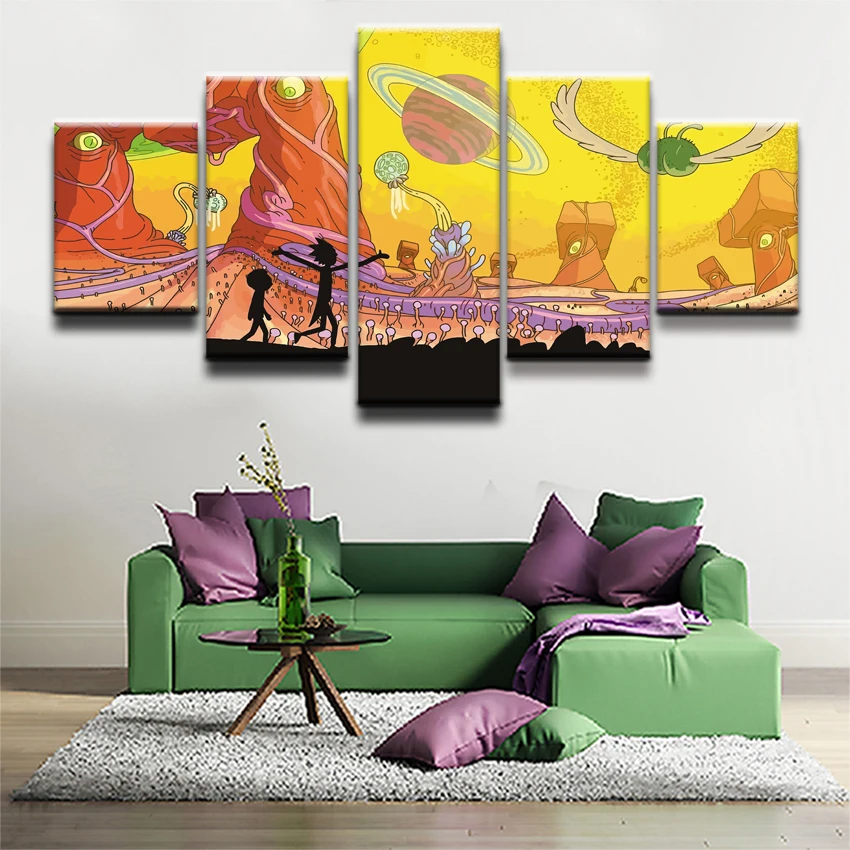 

Cartoon 5 Panels Canvas Painting Rick and Morty Poster Wall Art Painting Modern Home Decor Picture For Living Room Framework