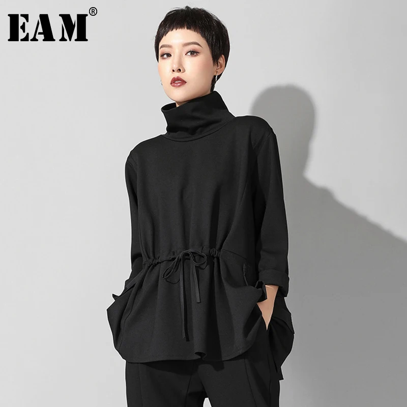 

[EAM] 2019 New Autumn Winter High Collar Long Sleeve Black Loose Pocket Drawstring Big Size T-shirt Women Fashion Tide JQ017