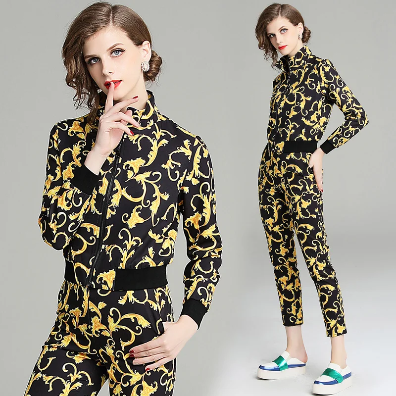 

quality new Fashion Runway Designer Suit Set Women's Long sleeve jacket Printed Blouse and Vintage Pants Two Piece Set