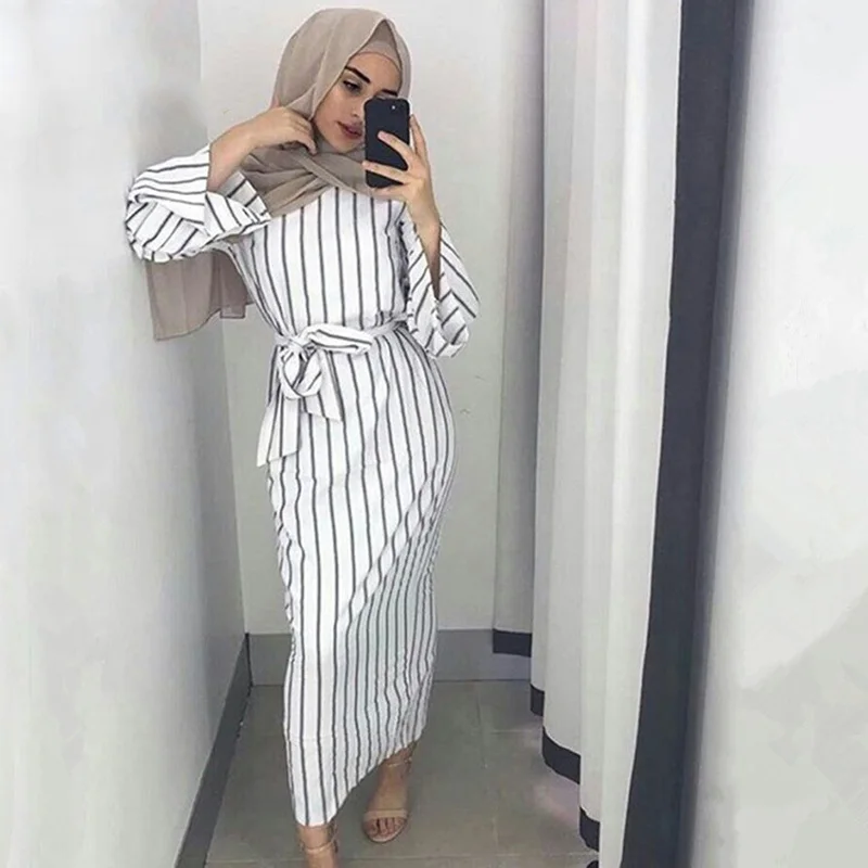 2018 мусульманская в полоску длинные макси Хиджаб Арабский платье Дубай Абаи халат платья кимоно Jubah Рамадан Арабская Исламская Костюмы