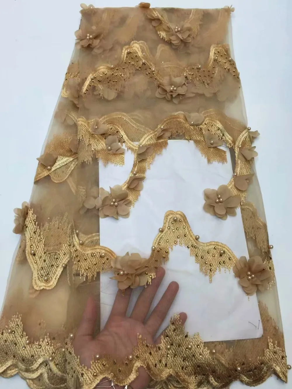 Африканская Тюлевая кружевная ткань с жемчугом 3D Цветочная аппликация Aso Ebi