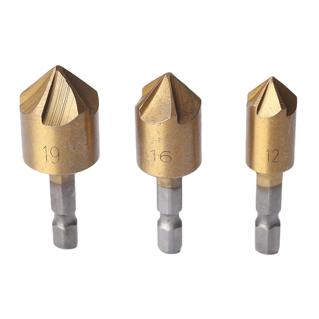 3pcs 12/16/19mm Countersink Drill Bit 1/4" Hex Shank 5 Flute Chamfer