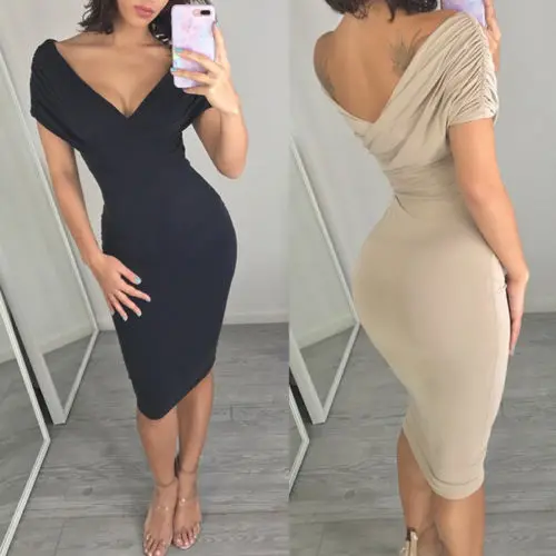 

2019 Women Off Shoulder Short Sleeve Dress Bodycon Evening Party Pencil Dress V Neck