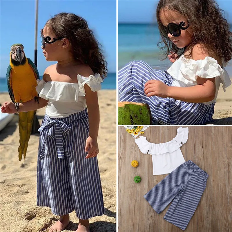 

PUDCOCO Fashion USA Newborn Baby Girls Off Shoulder Tops Striped Pants 2PCS Casual Outfit Set Summer Beach Cotton Clothes 1-6T