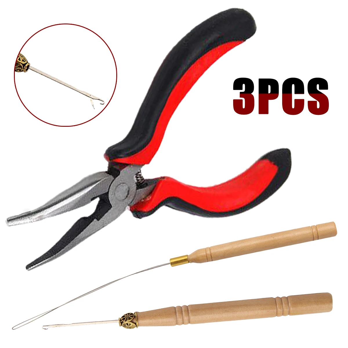 Mayitr 1set Professional Hair Extension Tool Kit Pliers + Crochet Hook + Wood Loop Hook Tool For Hair Extensions DIY Kits