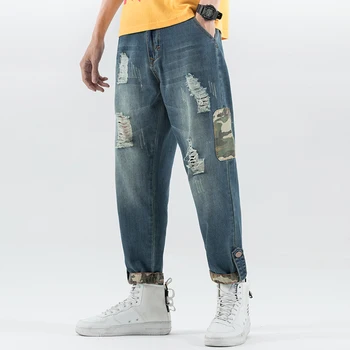 

Spring New Jeans Men Fashion Camo Stitching Casual Torn Hole Denim Pants Man Streetwear Hip Hop Loose Trousers Male Clothes