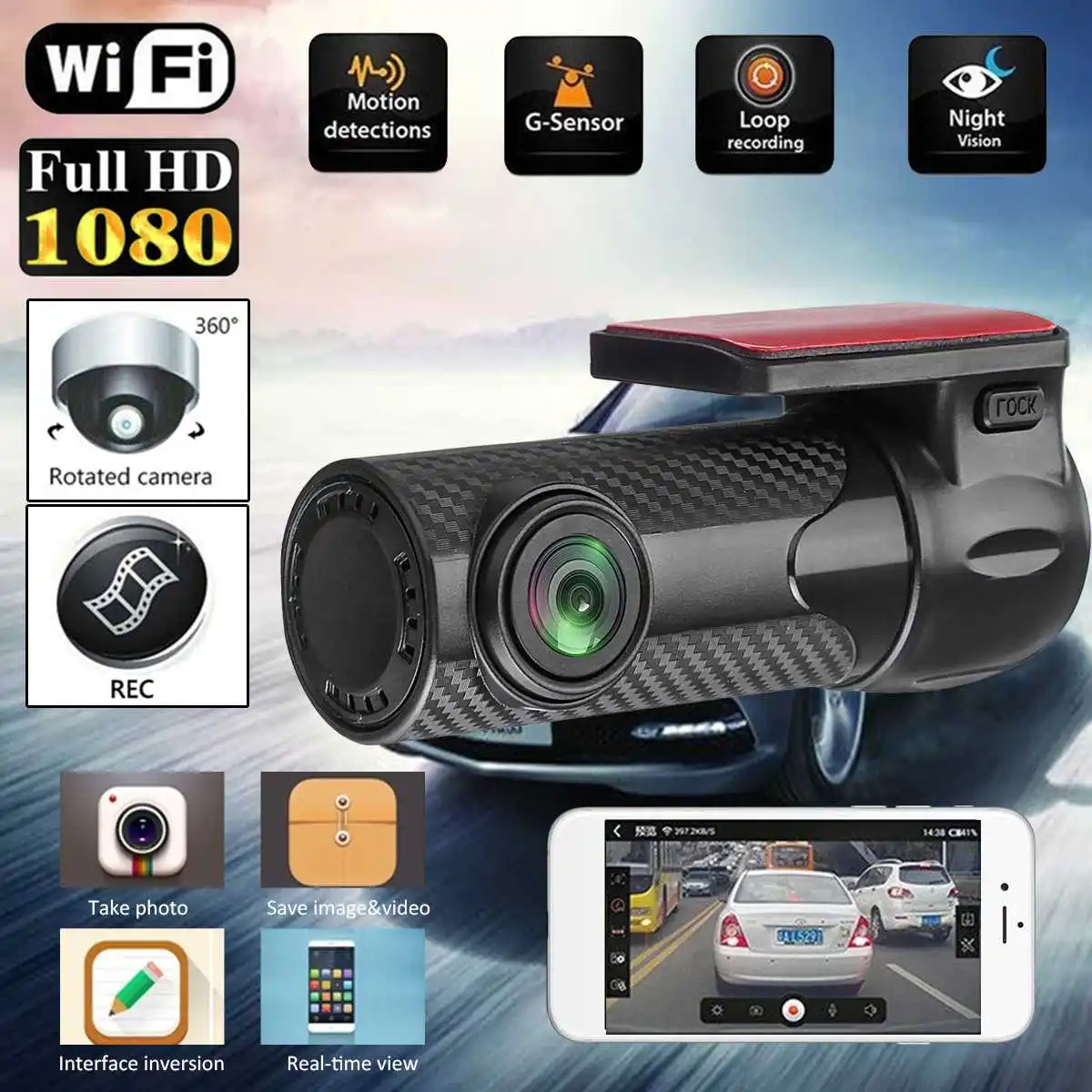 Mini WiFi auto DVR 170 gradi grandangolare & 360 gradi di rotazione con G-Sensor/Motion Detection/visione notturna/registrazione loop in auto cruscotto videoregistratore 