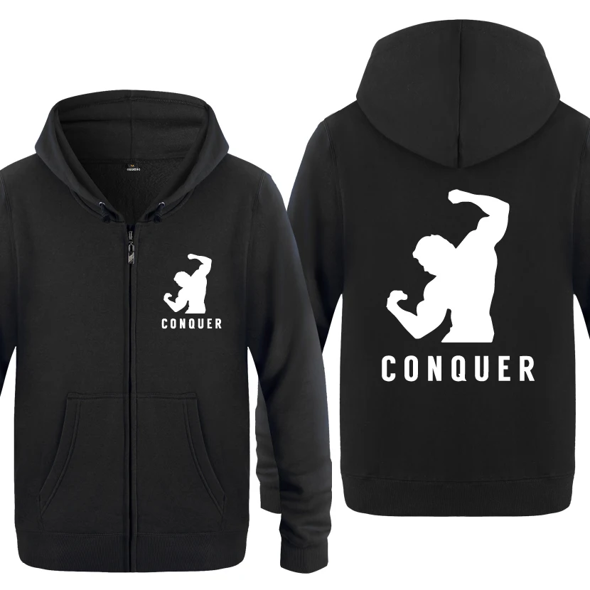 Best Conquer Fitness Creative Novelty Hoodies Men 2018 Men #039;s Fleece Zipper Cardigans Hooded Sweatshirts