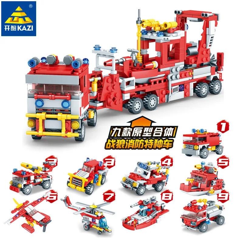 

Open Fire Control Rescue Command Car Helicopter Pitcher Vehicle 9 Combine 1 Children Boy Assembling Building Block Plastic Toys