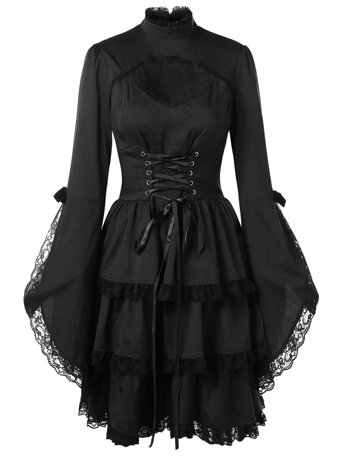 

Kenancy Flare Sleeve Cut Out Lace Trim Gothic Dress Women Stand Long Sleeve Black Lace Dresses Fall Dress Female Vestidos Mujer
