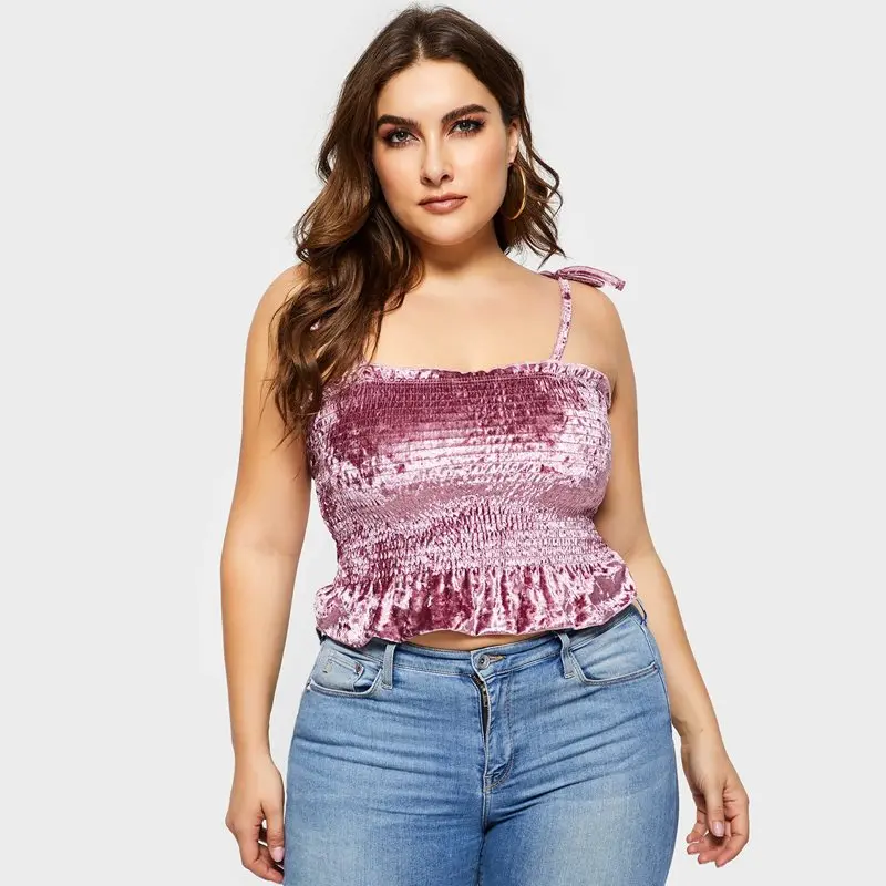 Velvet Tank Top Women Pleated Lace Up Cropped Camis Strap Pink Sweet