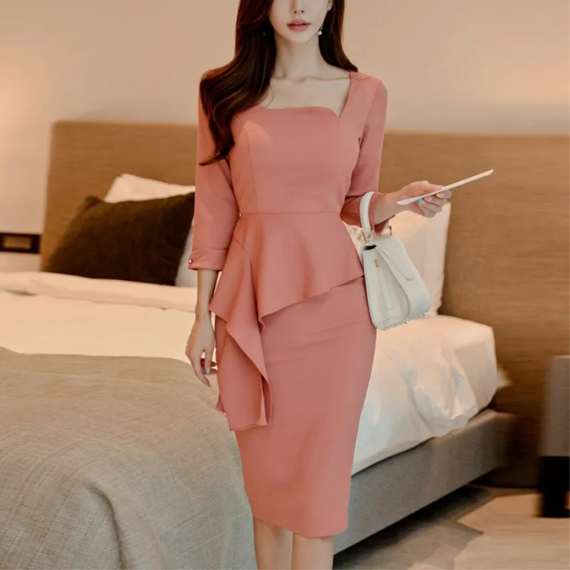 

Spring New Women Elegant Pink Square Collar Ruffle Slim Bodycon Evening Party Formal Work Dresses Autumn vestidos