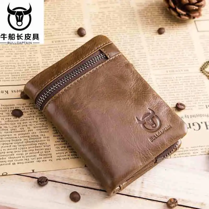 

BULLCAPTAIN 2018 MEN Coffee Cow Leather Wallet Coin Pocket Money Purse Bag Card Holder Short Trifold Hasp Zipper Wallet