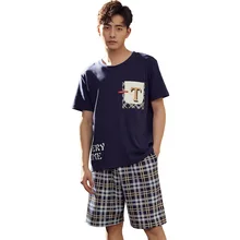 Летние новые мужские пижамы пуловер с короткими рукавами хлопок Тонкая пижама набор