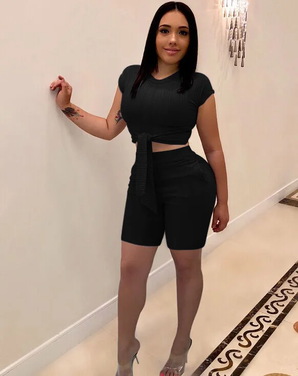 Women Tracksuits Casual Two Piece Set Lace Up Short Sleeve Crop Top And