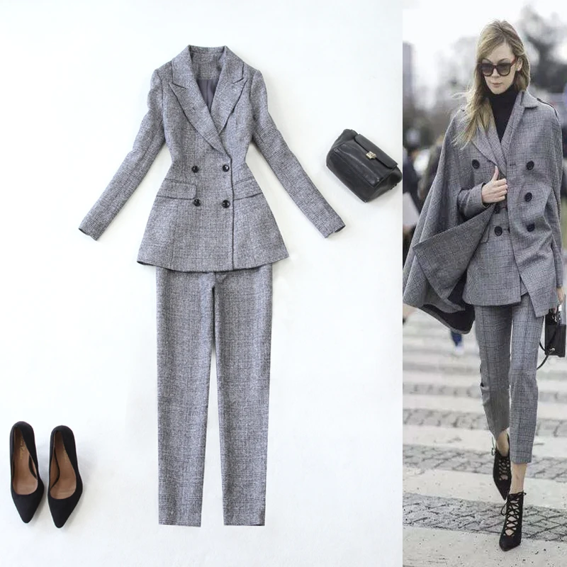 

Set women's autumn new fashion long-sleeved gray OLtemperament double-breasted suit jacket and feet pants elegant two-piece suit