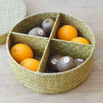 

Handmade Straw Basket Wicker Storage Box With Lid For Food Bulk Fruit Bread Candy Container Rattan Round Organizer Kitchen Decor