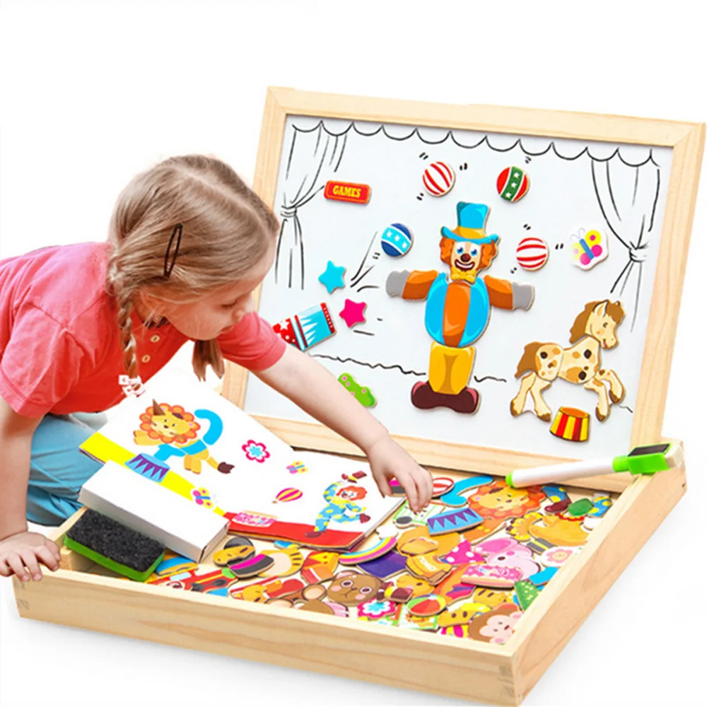 100 шт 3d Головоломка Детские деревянные игрушки магнитные головоломки детские фигурки/Животные/автомобиль/цирк доска для рисования Обучающие деревянные детские игрушки