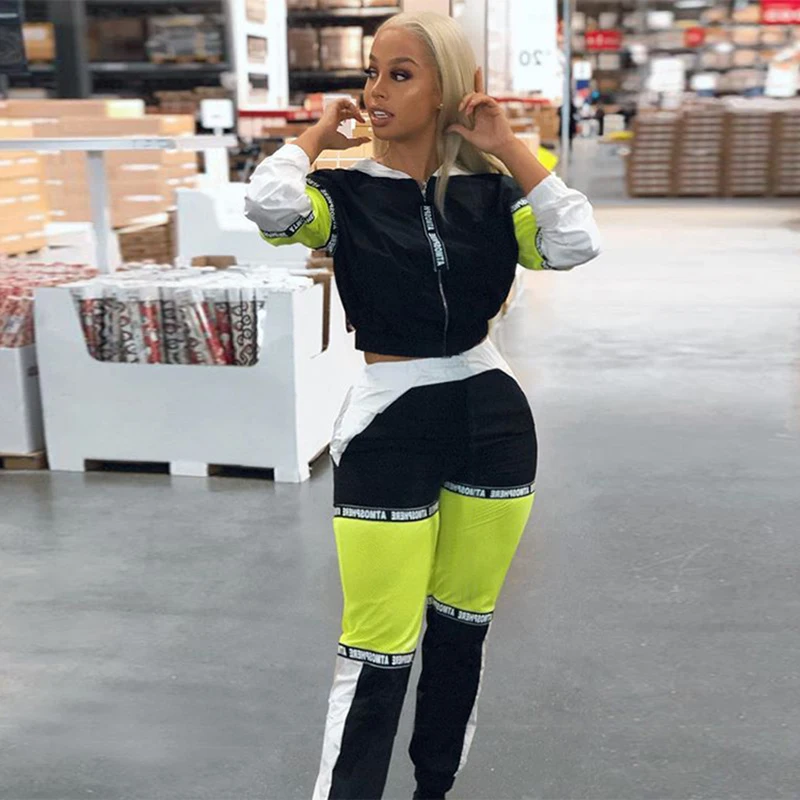 

2 TWO PIECE SET Crop Top Hooded Jogger Pants Women Tracksuit CONTRAST Color Block Sweat Suits Patchwork Letter Print Streetwear
