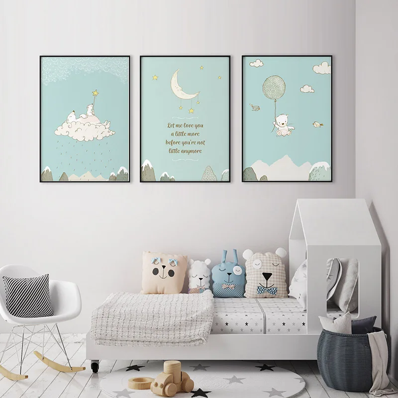 

Baby Bear Woodland Wall Art Scandinavian Nursery Canvas Poster Cartoon Painting Decoration Picture Nordic Kids Boy Bedroom Decor