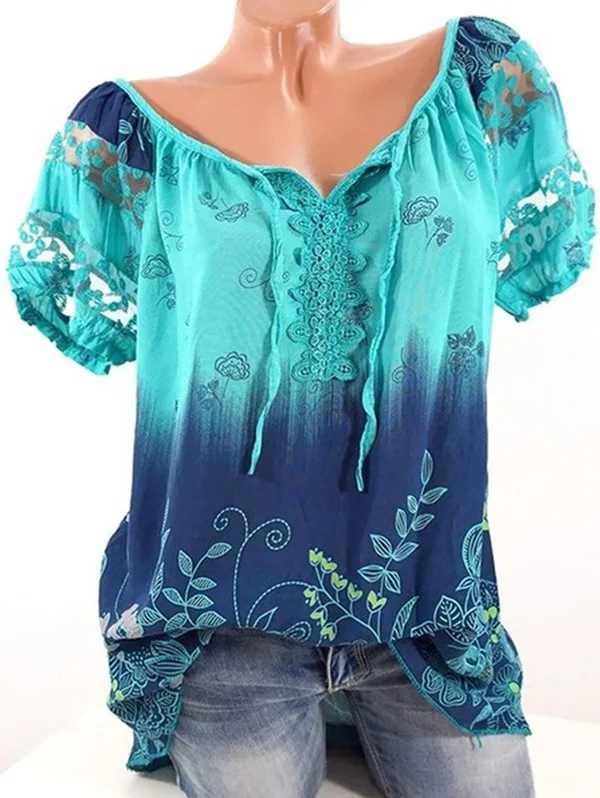 

Wipalo Plus Size Summer Short Sleeve V-Neck Printed Women Tops Lace T-Shirt Loose Mujer Casual Hollow Shirt Female Clothing 5XL