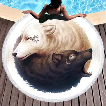 

Wolf Printed Round Beach Towel for Adults Microfiber Tassel Compressed Towel Black Blanket Large Bath Towel Tapestry Yoga Mats