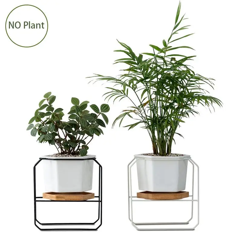 

Wrought Iron Hexagonal Simple Fleshy Green Plant Ceramic Flower Pot Bamboo Stand Iron Frame Set Metal Bracket Ceramic Flower Pot