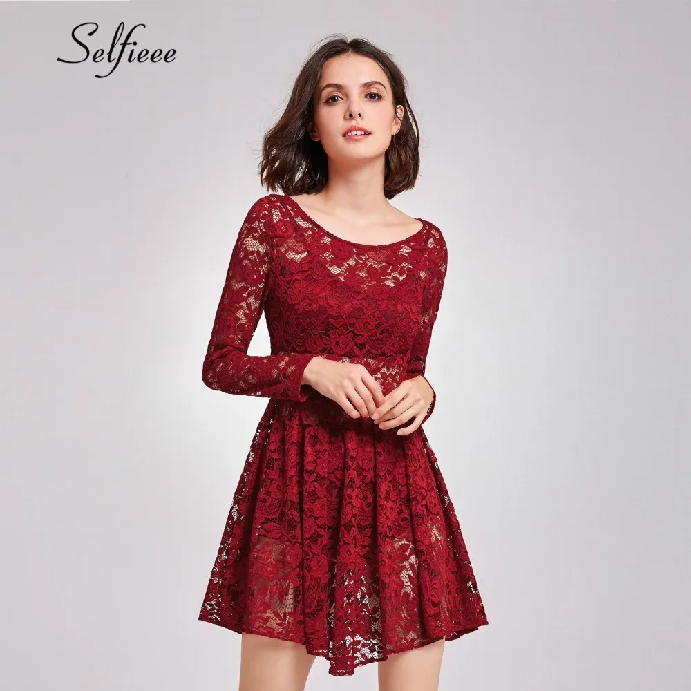 

2019 Fashion Women Elegant Long Sleeve Lace Dress Casual O Neck Ladies Spring Dress See Through Burgundy Party Club Night Dress