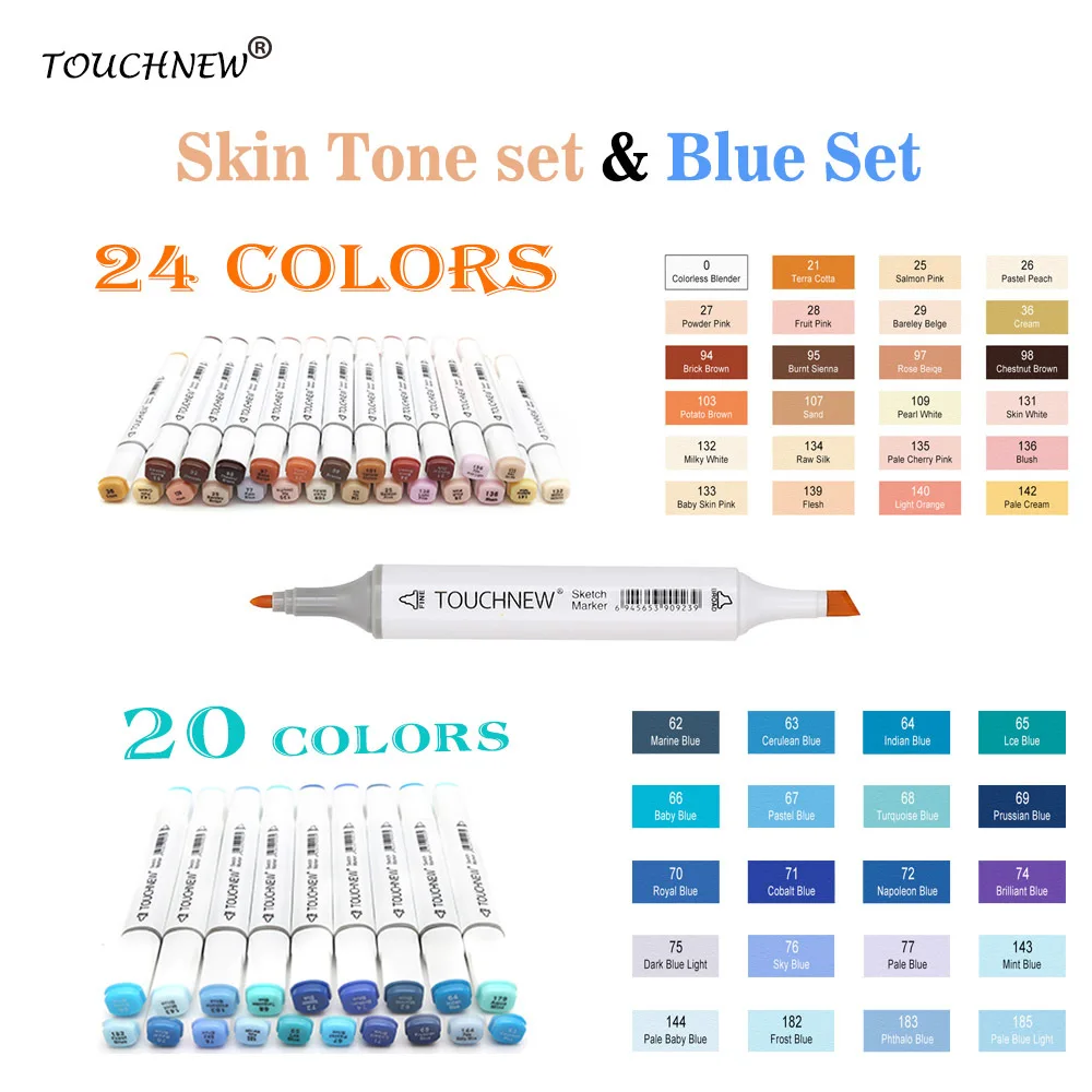 

TOUCHNEW 24/20Colors Skin Tone Marker Blue Set Sketch Alcohol Markers Pen For Drawing Portrait Animation Blue color sea