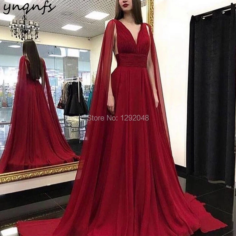 

YNQNFS E29 Vestido de Festa Chiffon Deep V Neck Cape Sleeves Burgundy Dress Evening 2019