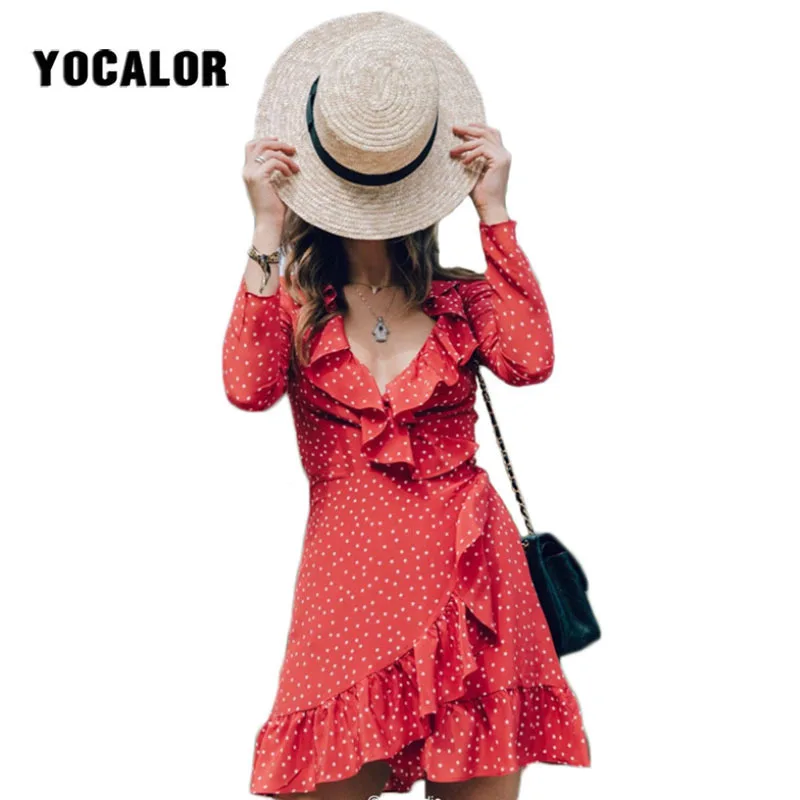 

2018 Summer Boho Sexy Deep V Neck Print Ruffles Wrap Polka-dot Short Women Skater Peplum Dress Dresses For Female Fashion Beach