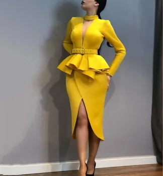 

Women Long Sleeve Mid-Calf Dress Office Lady Sheath Solid Knee-Length O-Neck Dress Suits