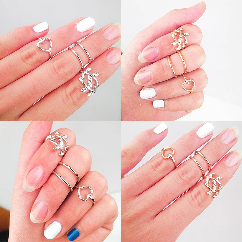 

Fashion Jewelry Silver Leaf Punk Golden Heart Ring Set Wedding 4PCS/Set Valentines Gift Round Circle Beautiful Hot Sale Crystal