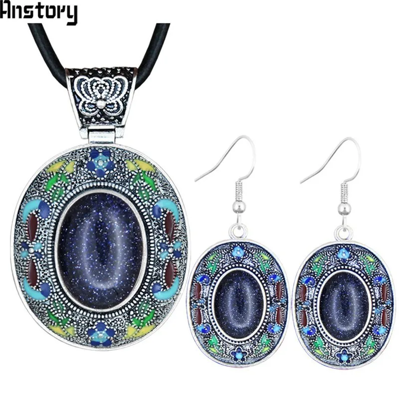 

Dark Blue Sequins Stone Jewelry Sets Vintage Necklace Earrings Hand Painting Craft Flower Plant Bohemia Fashion Jewelry TS452