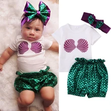 Футболка с морским русалочкой для новорожденных девочек Топы+ штаны повязка на голову, купальный костюм Купальники трикини для девочек