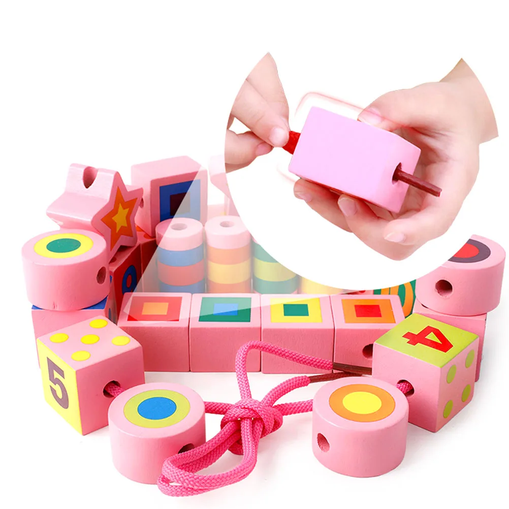 Educational Wooden Lacing Beads Shapes Sorter Toy with 27 Beads and 2 Laces For Baby Early Education Toys for children