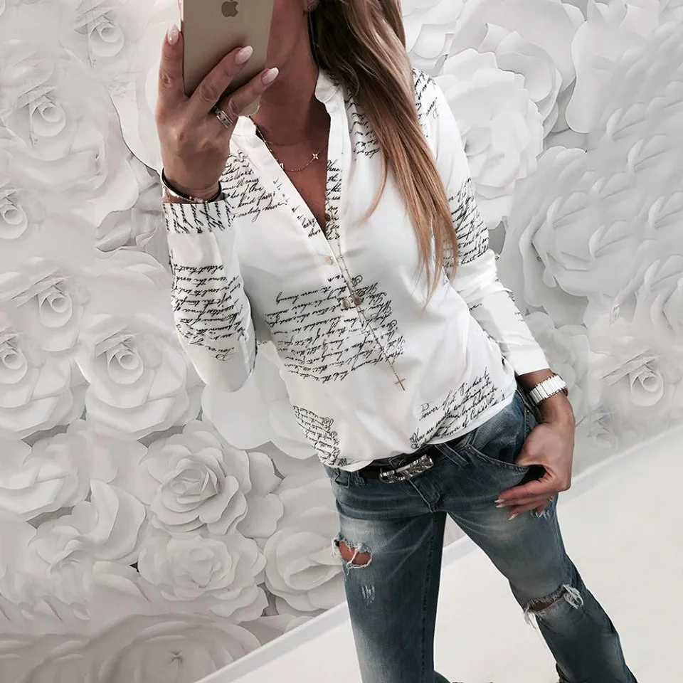

VITIANA Womens Tops And Blouses Female 2019 Spring White Black Letter Print Long Sleeve Elegant Plus Size Casual Shirt Blusas