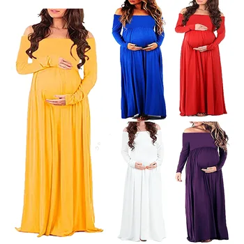 

Maternity Women Long Sleeve Shoulderless Floor Length Photo Dresses Sexy Pregnancy Belly Care Solid Color X-long Dresses