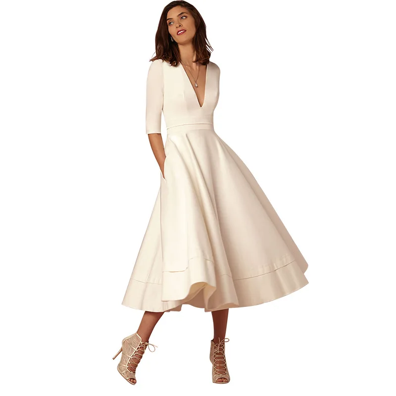 Femmes Soild Tenue En Noir blanc Genou rouge Décontractée bleu rose Lignes longueur Ceintures Lanterne À Printemps Col Élégant Robe vert orange V Vintage Manches pourpre Demi 2019 qTE8P