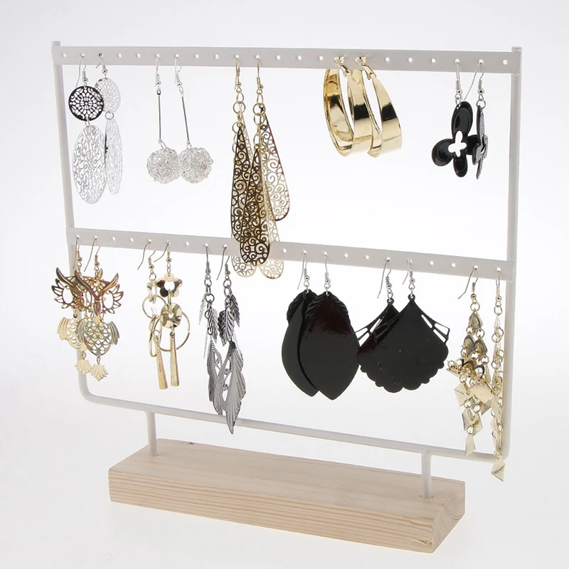 Wood 44 Holes Earrings Organizer Holder Necklaces Rack 2 Layers Jewelry Display Stand Jewelry Acces
