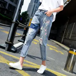 2019 г. летние модные женские туфли отверстие рваные джинсы высокая талия джинсовые штаны плюс размеры брюки длиной до лодыжки бойфренда