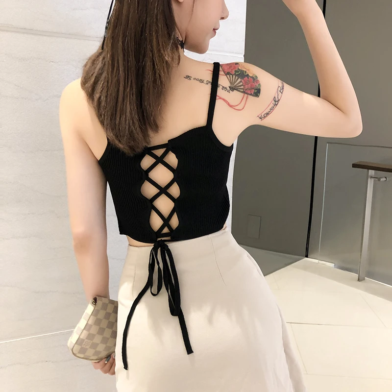 

Sexy Backless Lace Up Cropped Camis Tops Girls Knitted Stretchy Sleeveless Sweater Tee shirts Tank Crop Top Female
