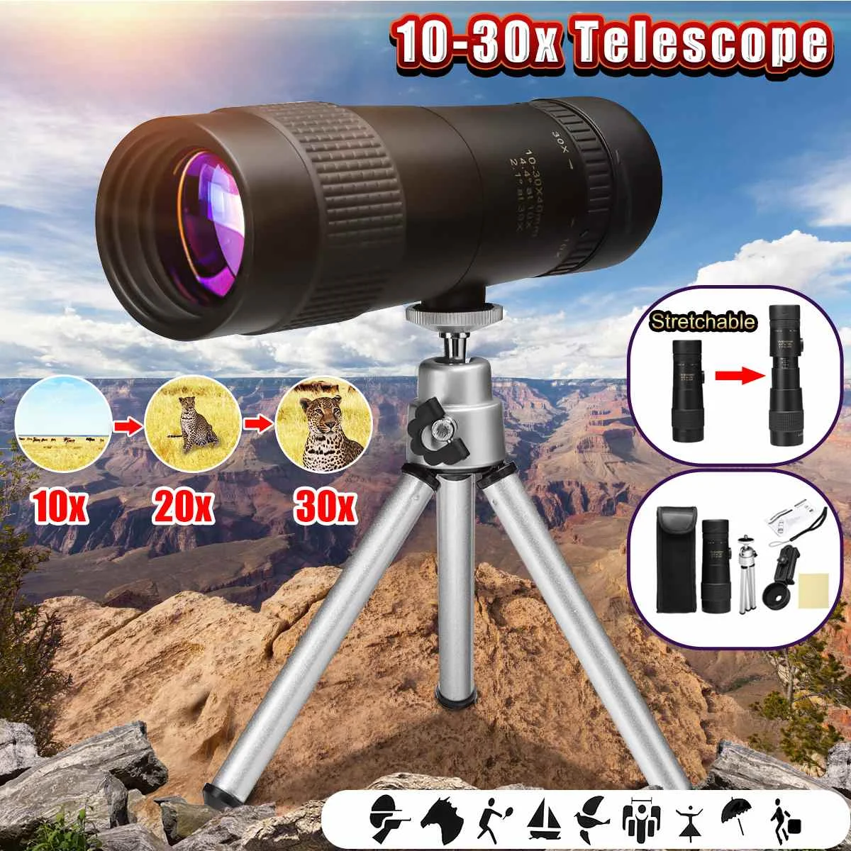 SGODDE 10-30x40mm BAK4 يوم للرؤية الليلية HD البصريات التكبير أحادي المحمولة تلسكوب + الهاتف كليب ترايبود للصيد في الهواء الطلق