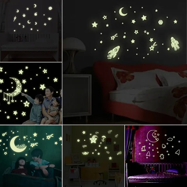 Galaxy Starry Luminous Stickers Cartoon Moon Stars Planets Glow In