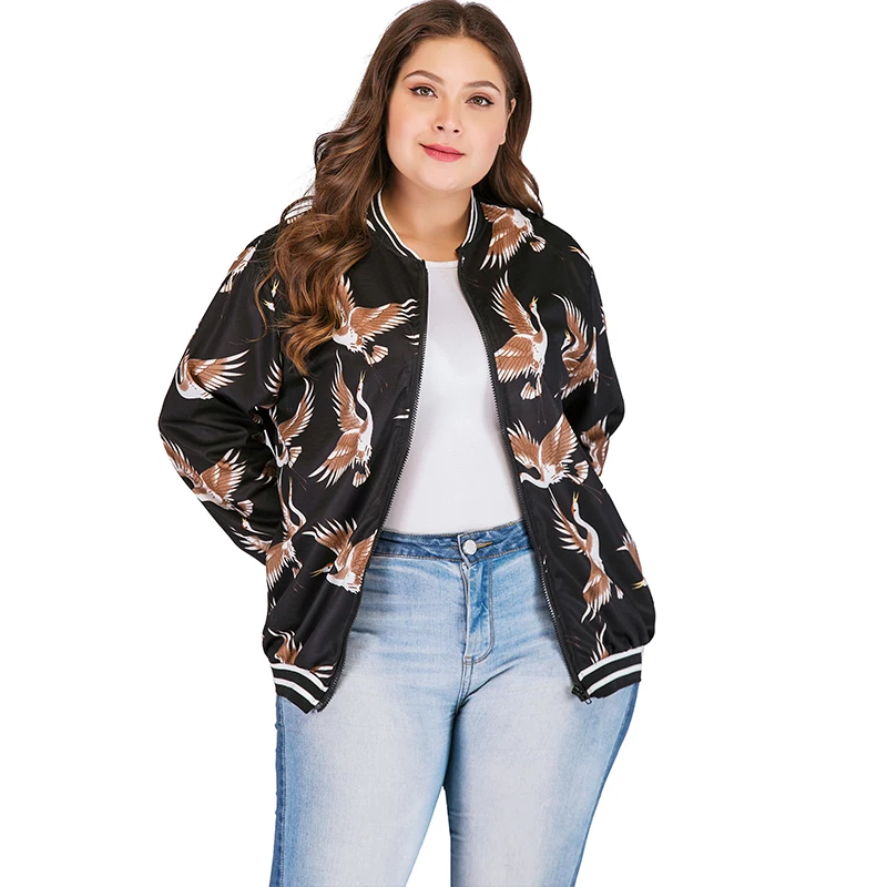 

Jacket Women Coat Plus Size Women Bomber Jacket Bird Print Striped Splice Long Sleeve Zipper Oversize Coat Female Winter 2019